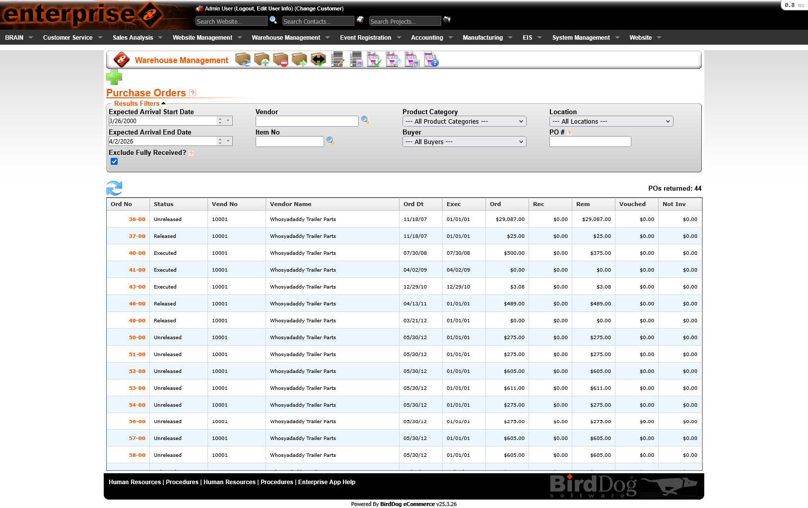 Purchase Orders list — before