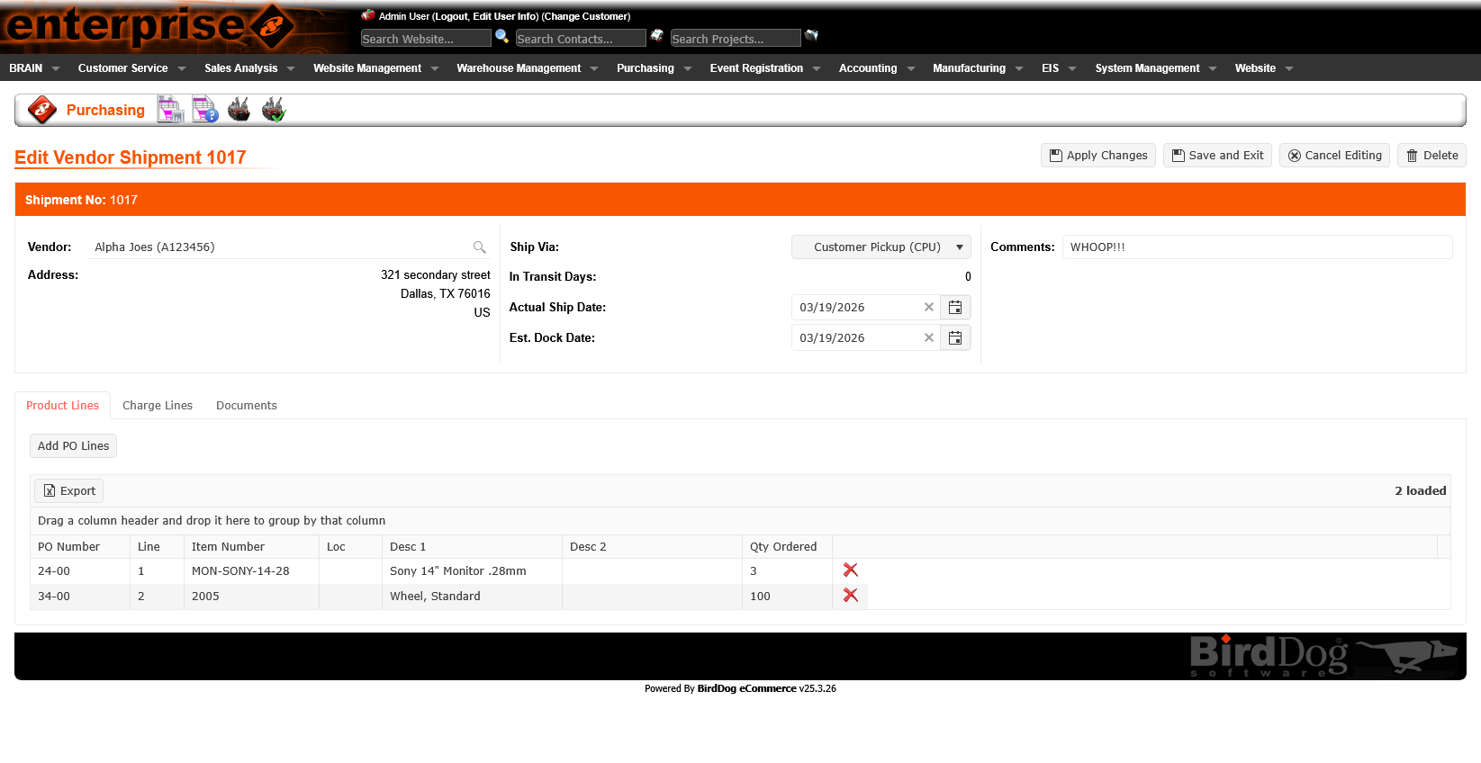 Vendor Shipment edit view
