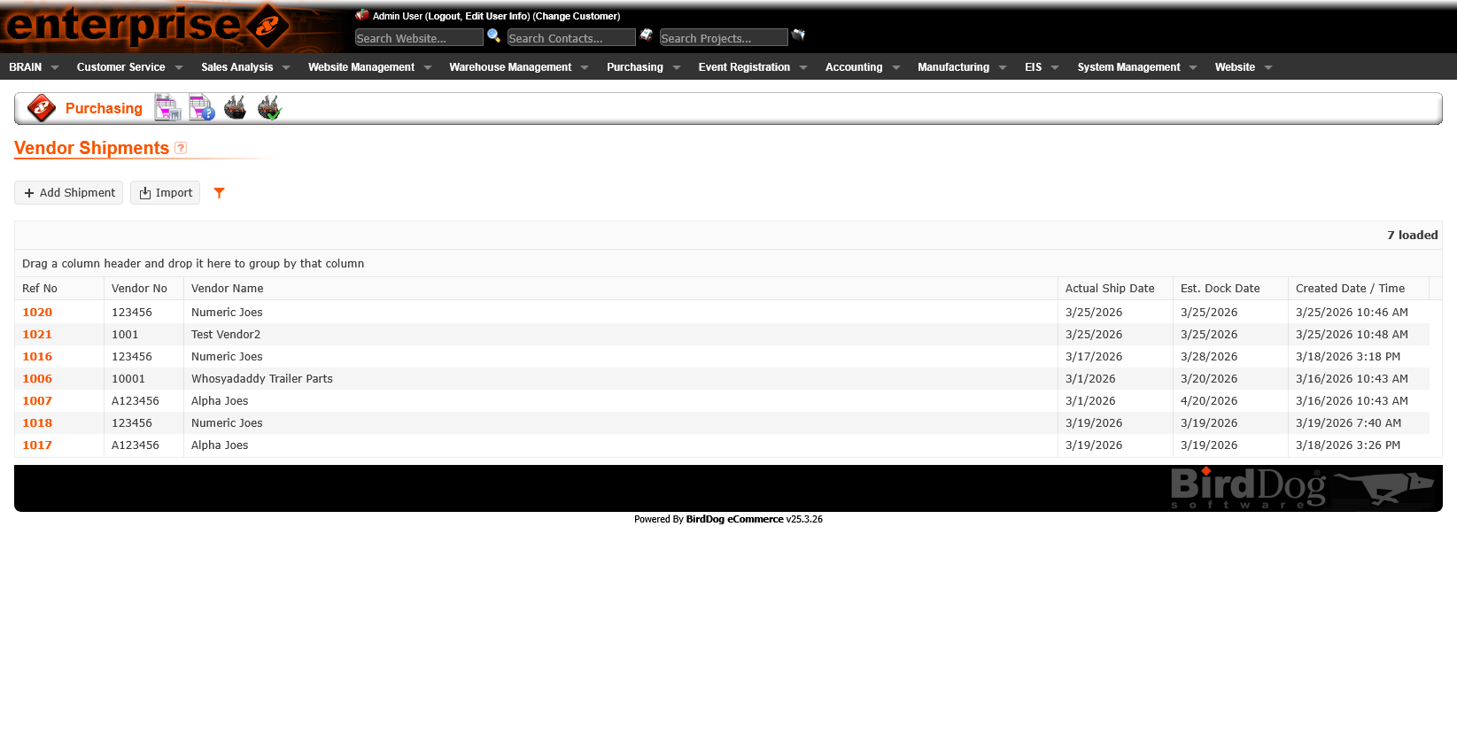 Vendor Shipments list